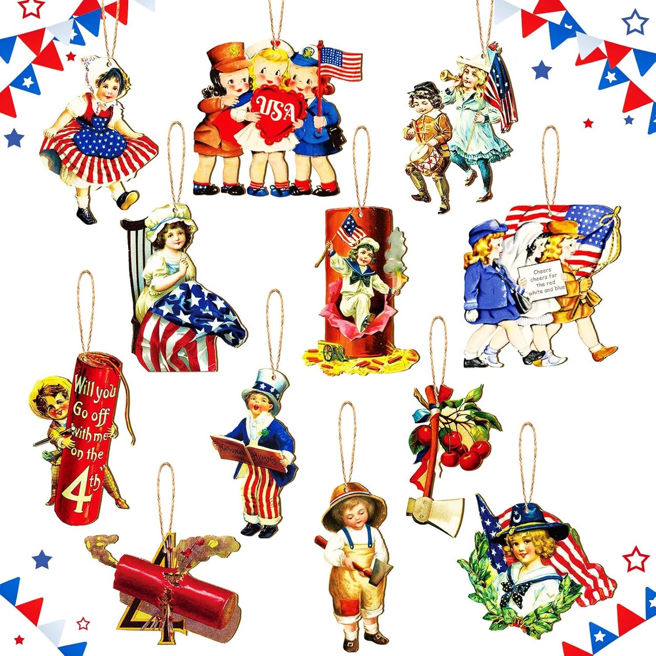 36-Pack Retro 4th of July Patriotic Wooden Hanging Ornaments for Tree & Home